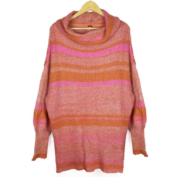 Free People Orange Candy Stripe Cowl Neck Sweater Tunic / Dress - Picture 7 of 16